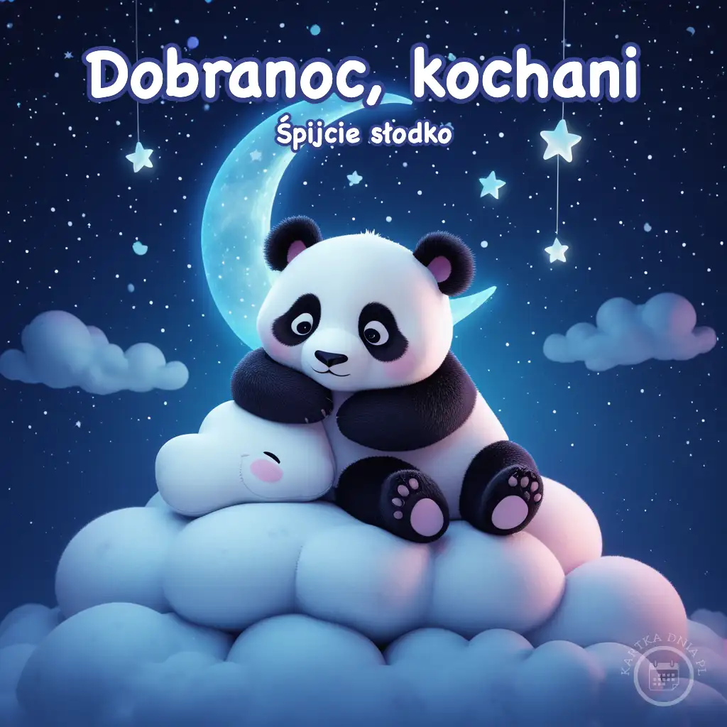 Mała panda śpiąca na białej chmurze na tle nocnego nieba z księżycem i gwiazdami.