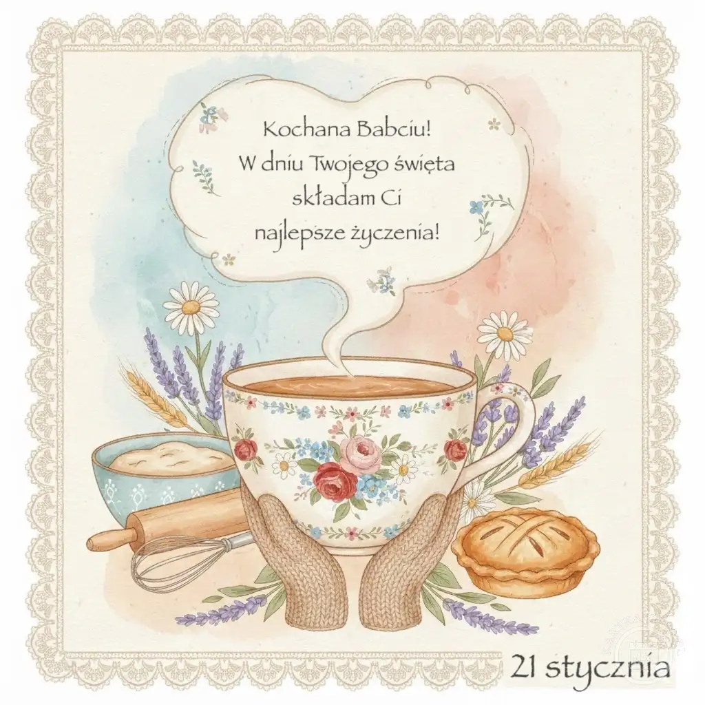 Kartka na Dzień Babci z motywem filiżanki herbaty, pieczonego ciasta, kwiatów i życzeniami 'Kochana Babciu!'. Data: 21 stycznia.