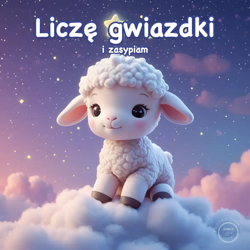 Urocza, biała owieczka siedząca na puszystej chmurze pod nocnym niebem z gwiazdami.