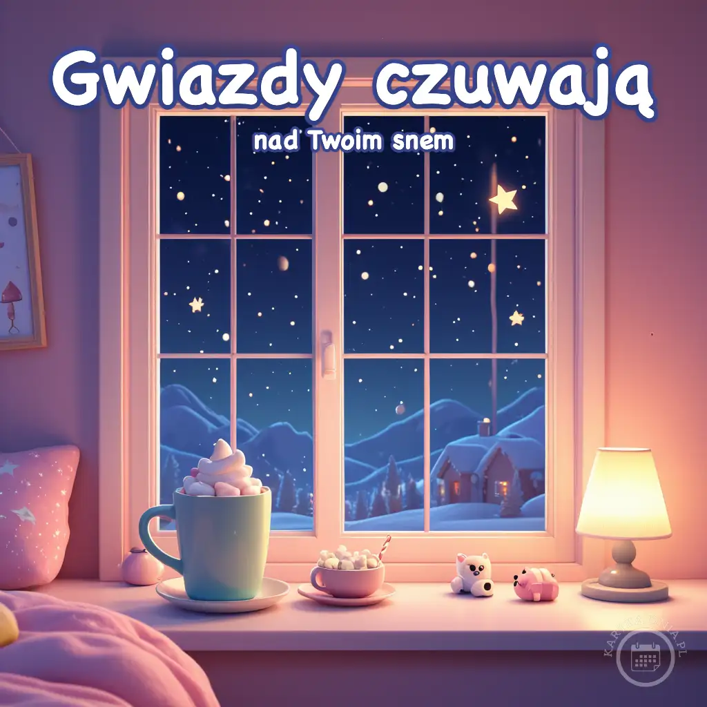 Przytulny pokój z widokiem przez okno na nocne, gwieździste niebo i zaśnieżone góry. Na parapecie stoi kubek z pianką.