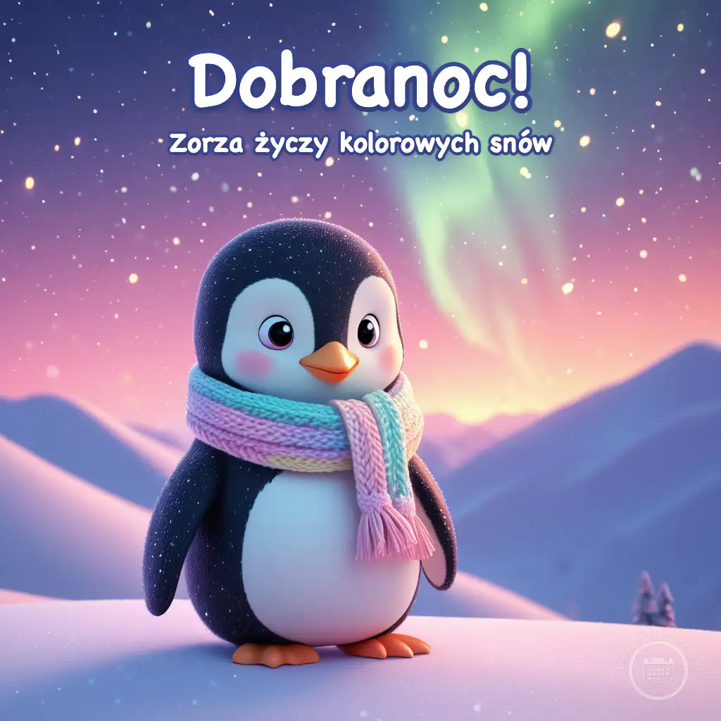 Mały pingwinek w kolorowym szaliku na tle nocnego nieba z zorzą polarną i śnieżnymi górami.