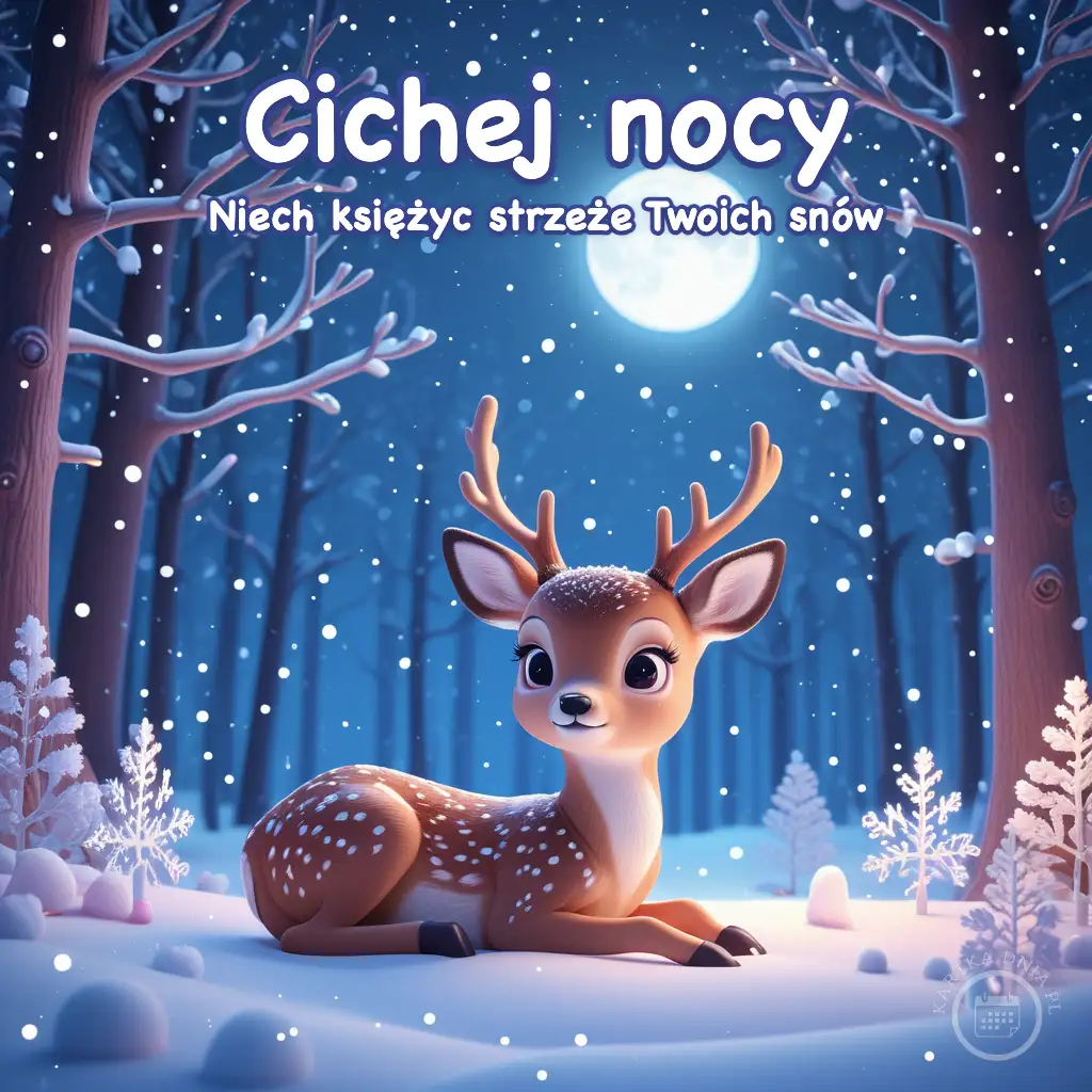Mały jelonek z białymi kropkami leżący na śniegu w nocnym lesie pod pełnią księżyca.