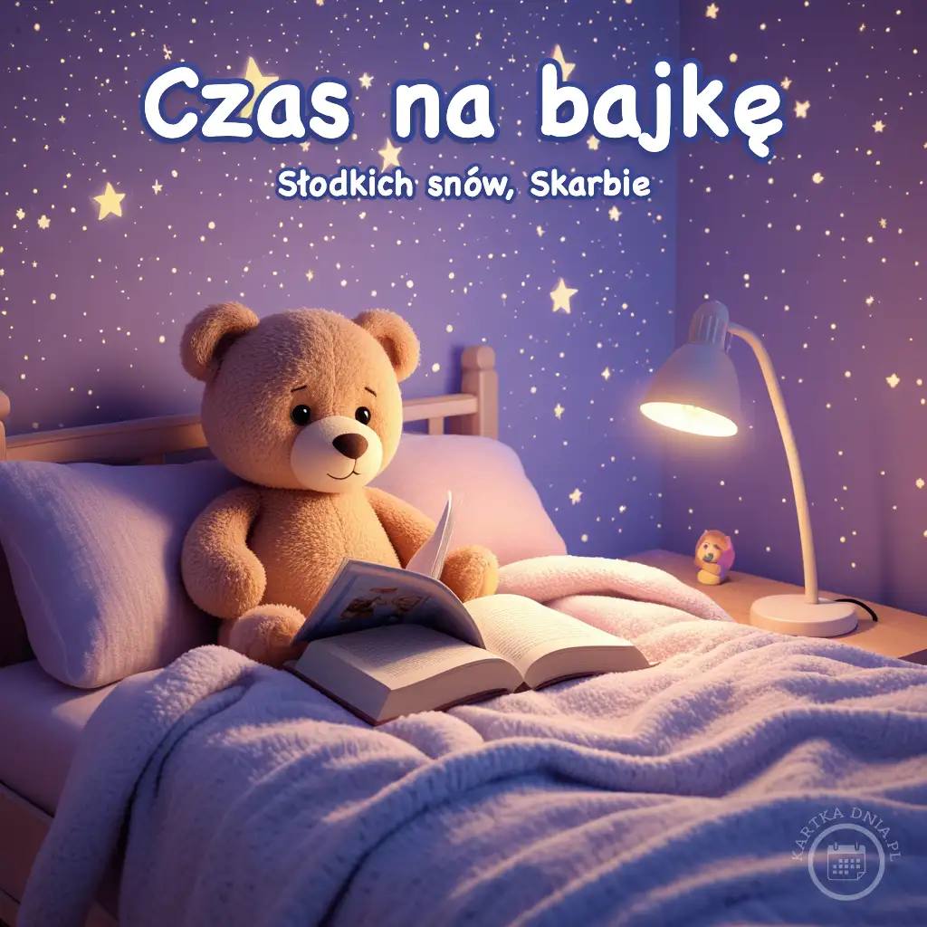 Pluszowy miś siedzący w łóżku z otwartą książką, oświetlony lampką nocną na tle fioletowej ściany w gwiazdy.