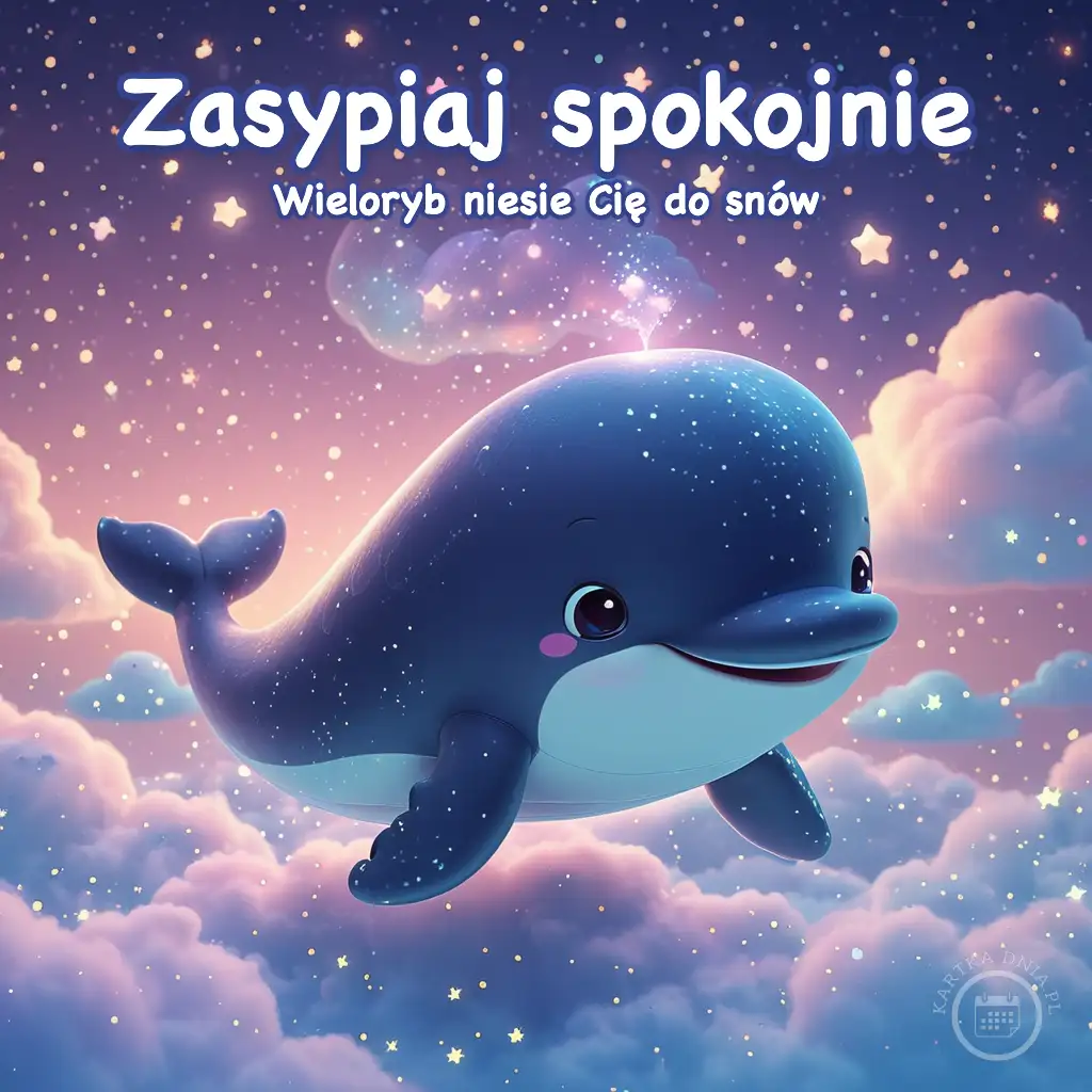 Uśmiechnięty, niebieski wieloryb płynący wśród różowych chmur i gwiazd na nocnym niebie.