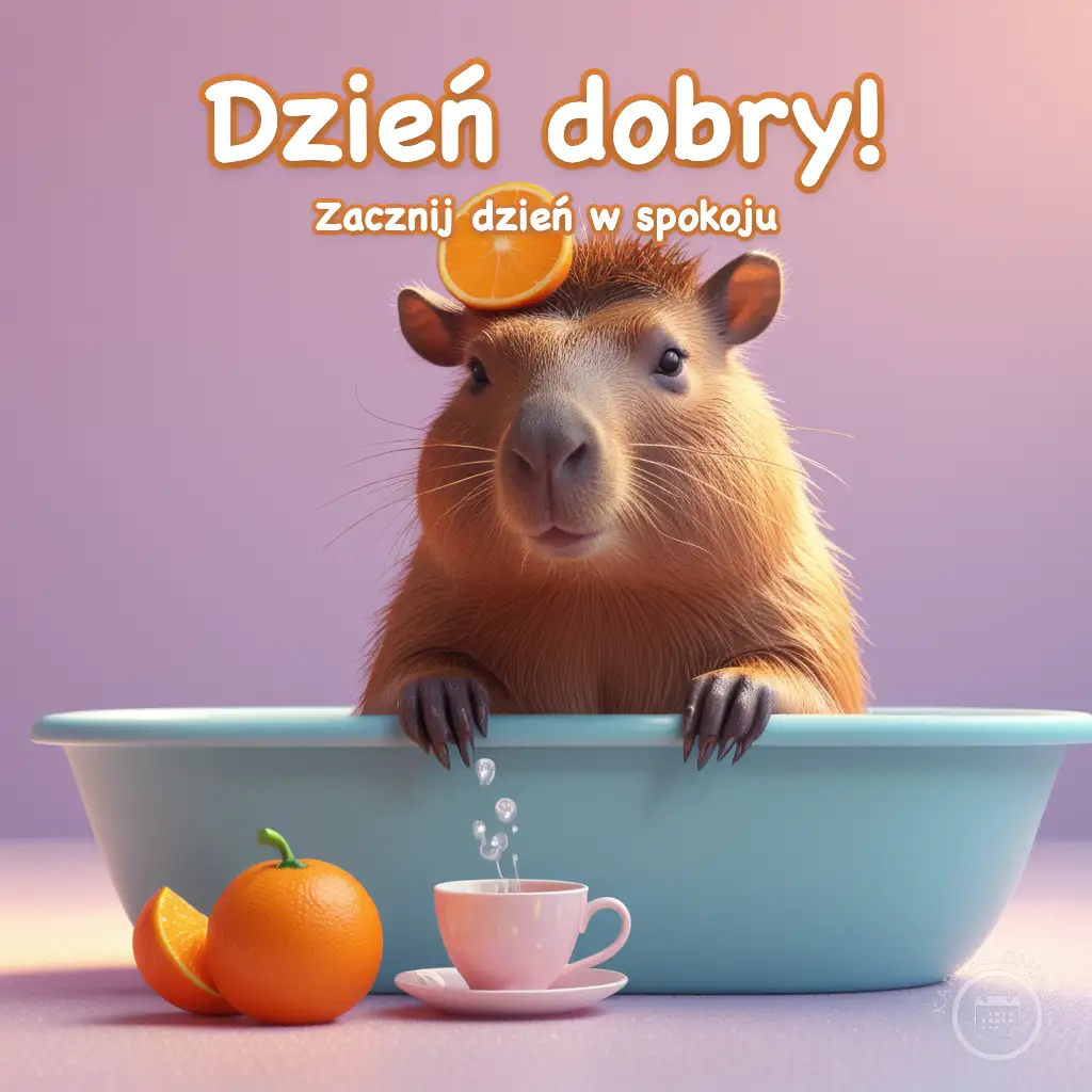 Uśmiechnięta kapibara w błękitnej wannie z plasterkiem pomarańczy na głowie, obok filiżanka kawy i pomarańcze.