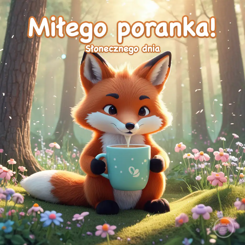 Uroczy rudy lisek z kubkiem w lesie pełnym kwiatów, z napisem Miłego poranka!