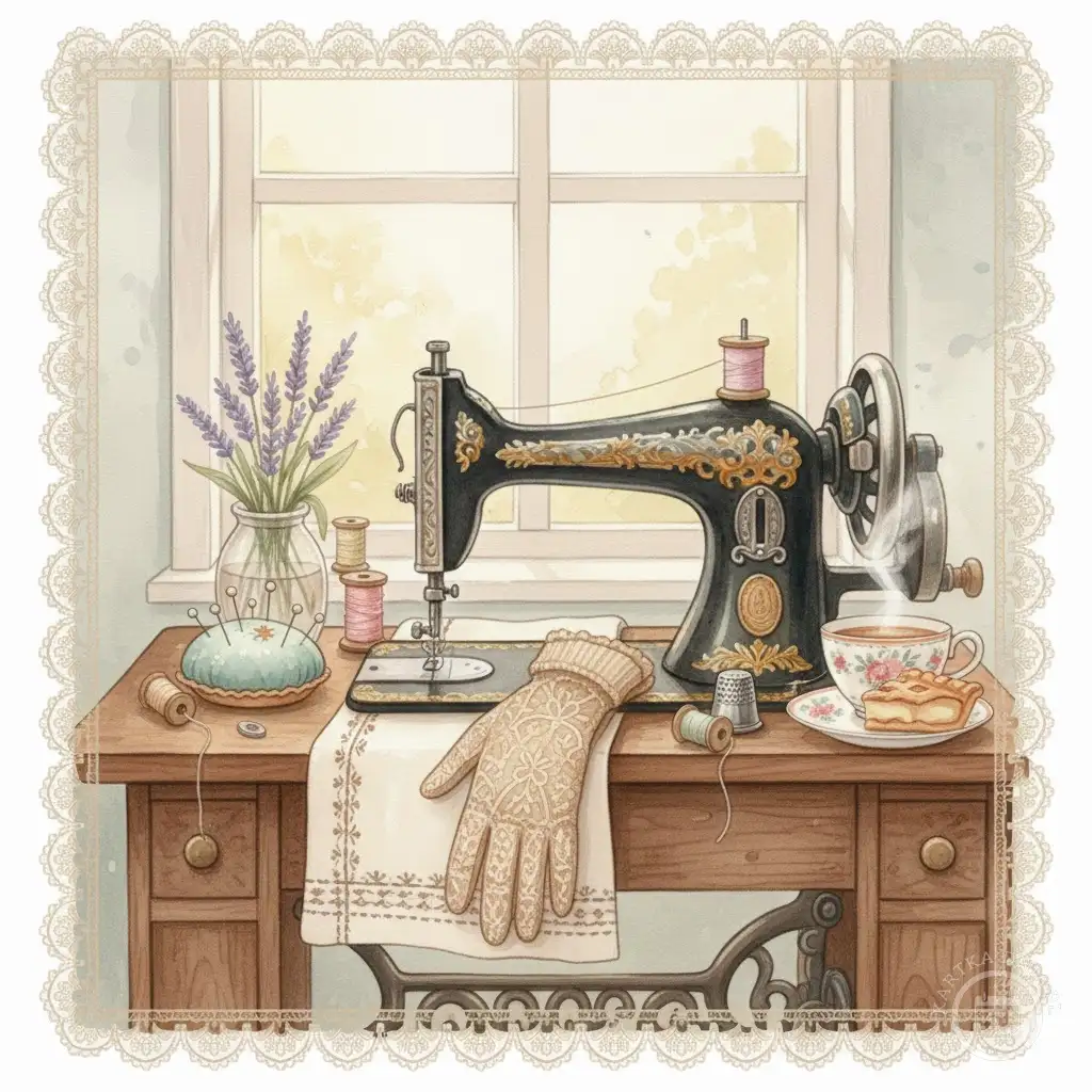 Akwarelowa ilustracja w stylu vintage: maszyna do szycia, lawenda, filiżanka herbaty, koronkowy obrus, rękawiczka na drewnianym stole, w tle okno. Otoczone koronkowym brzegiem.