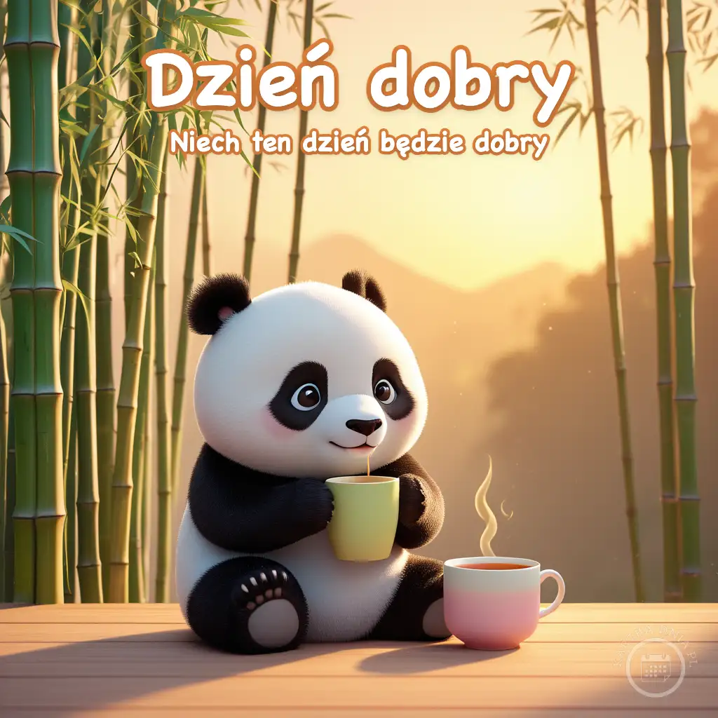 Urocza panda siedząca na drewnianym tarasie z żółtym kubkiem, w tle las bambusowy i wschód słońca.
