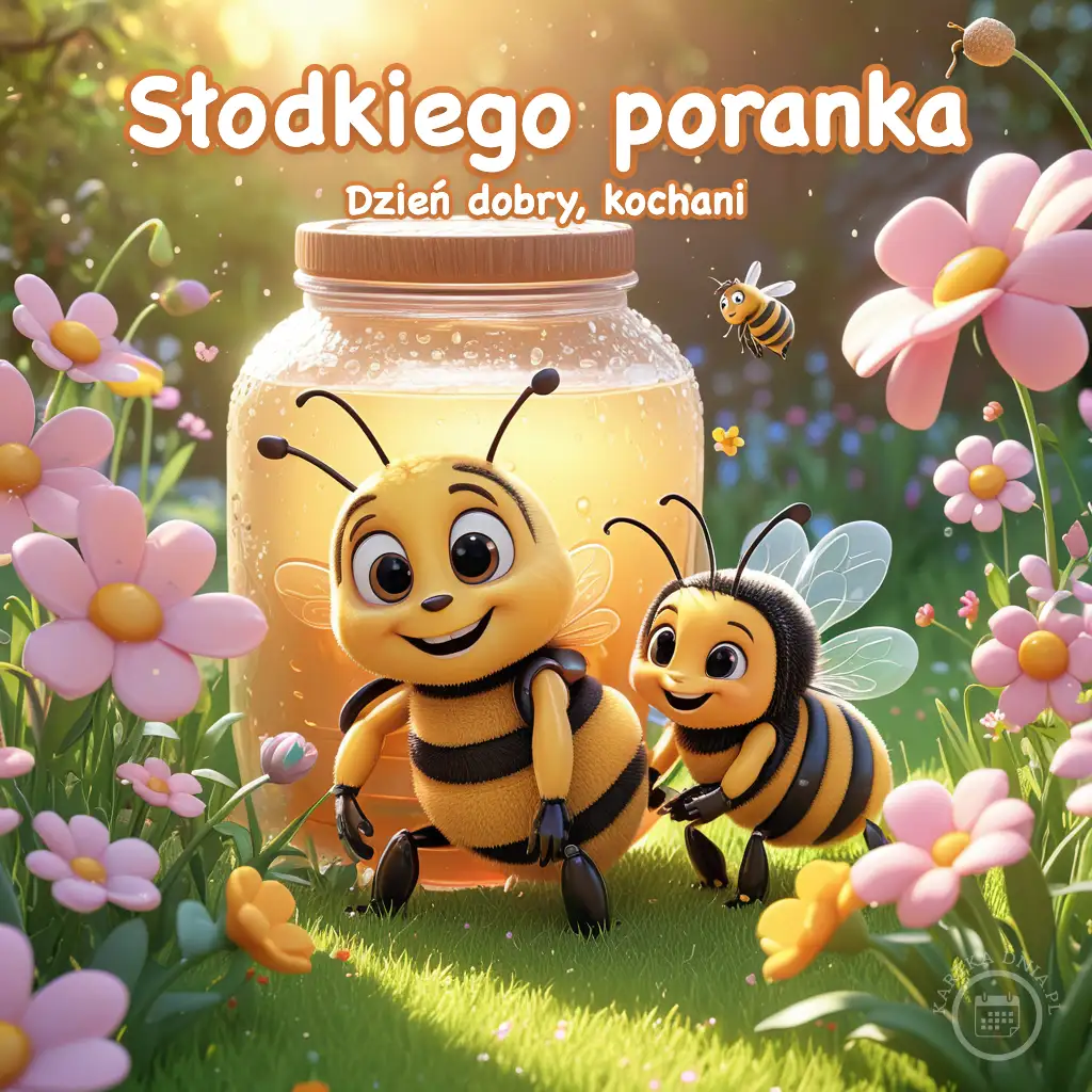 Dwie uśmiechnięte, rysunkowe pszczółki stojące obok dużego słoika miodu wśród różowych kwiatów w słoneczny dzień.