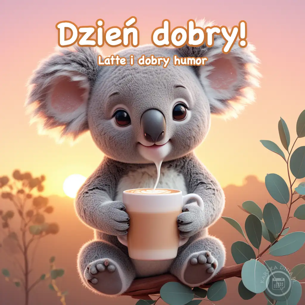 Urocza koala siedząca na gałęzi eukaliptusa i trzymająca kubek kawy latte na tle wschodu słońca.