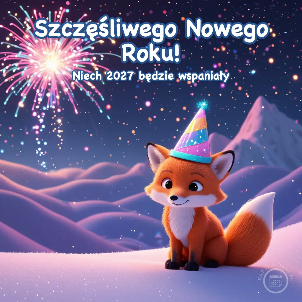 Mały rudy lisek w kolorowej czapce party siedzi na śniegu pod nocnym niebem z kolorowymi fajerwerkami.