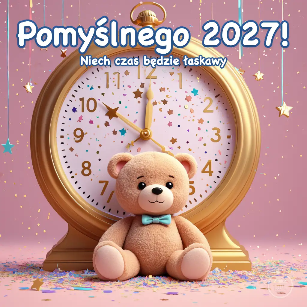 Pluszowy miś z niebieską muszką siedzący przed dużym, złotym zegarem z konfetti w tle.