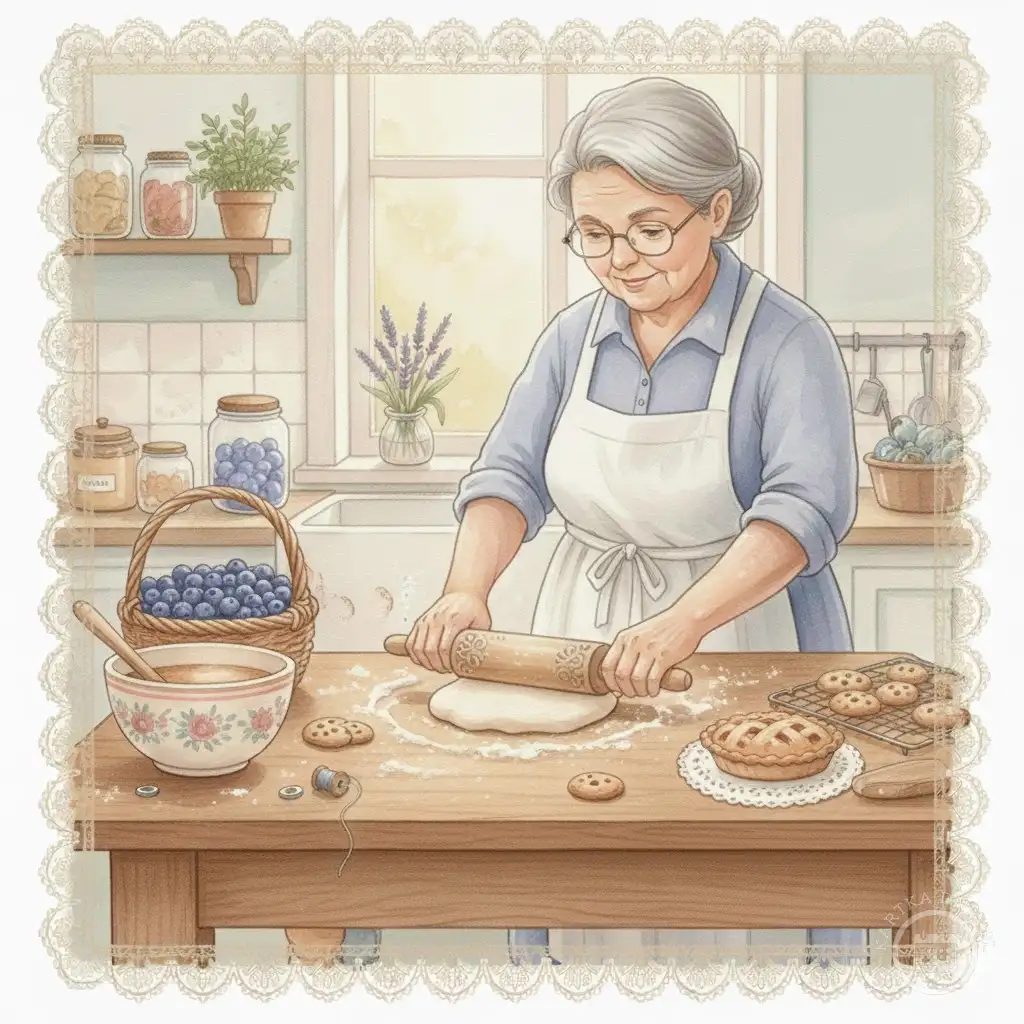 Babcia w fartuchu piekąca ciasto z wałkiem, uśmiechnięta w kuchni pełnej domowego ciepła. Idealna kartka na Dzień Babci.