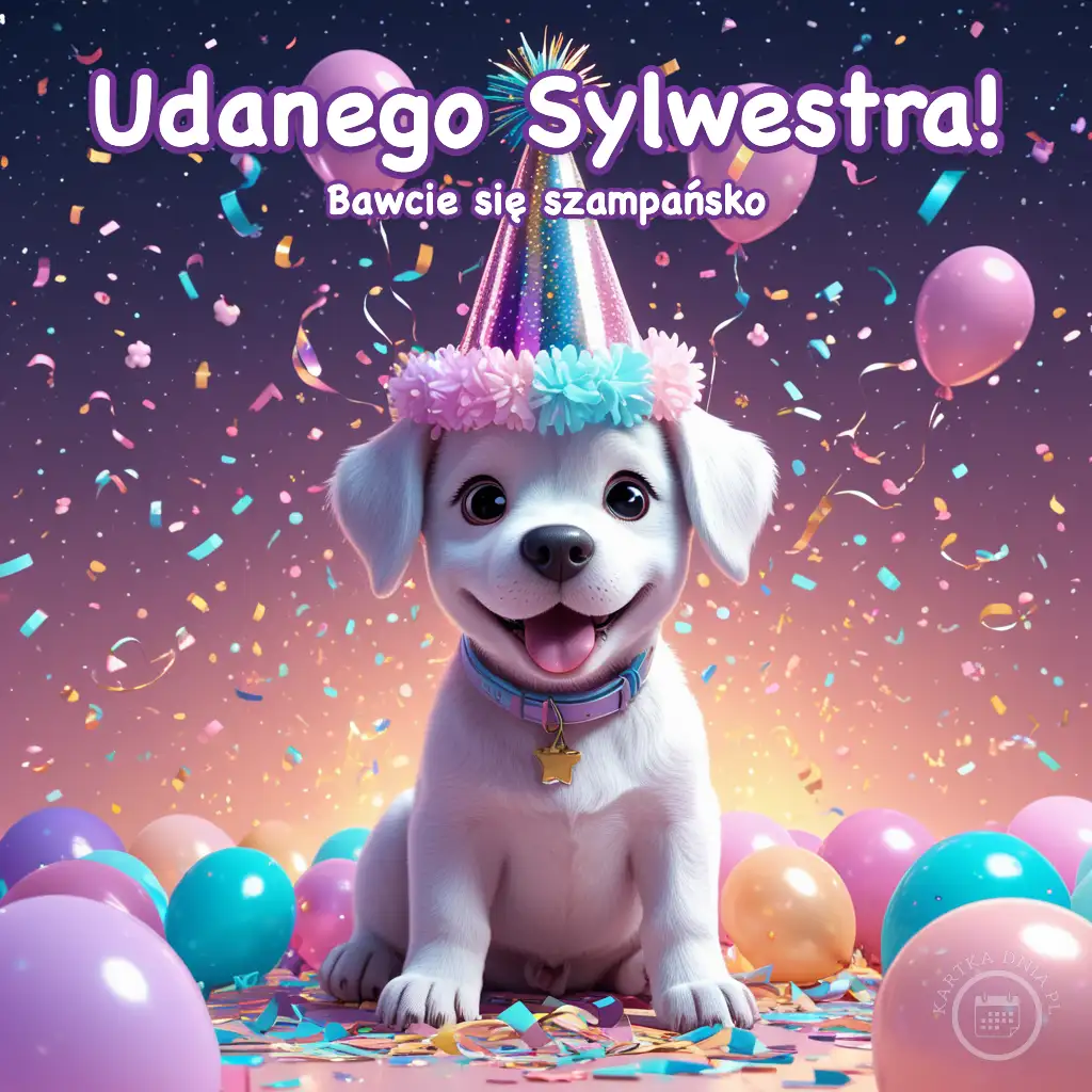 Biały szczeniak w kolorowym kapeluszu urodzinowym wśród balonów i konfetti z napisem Udanego Sylwestra!