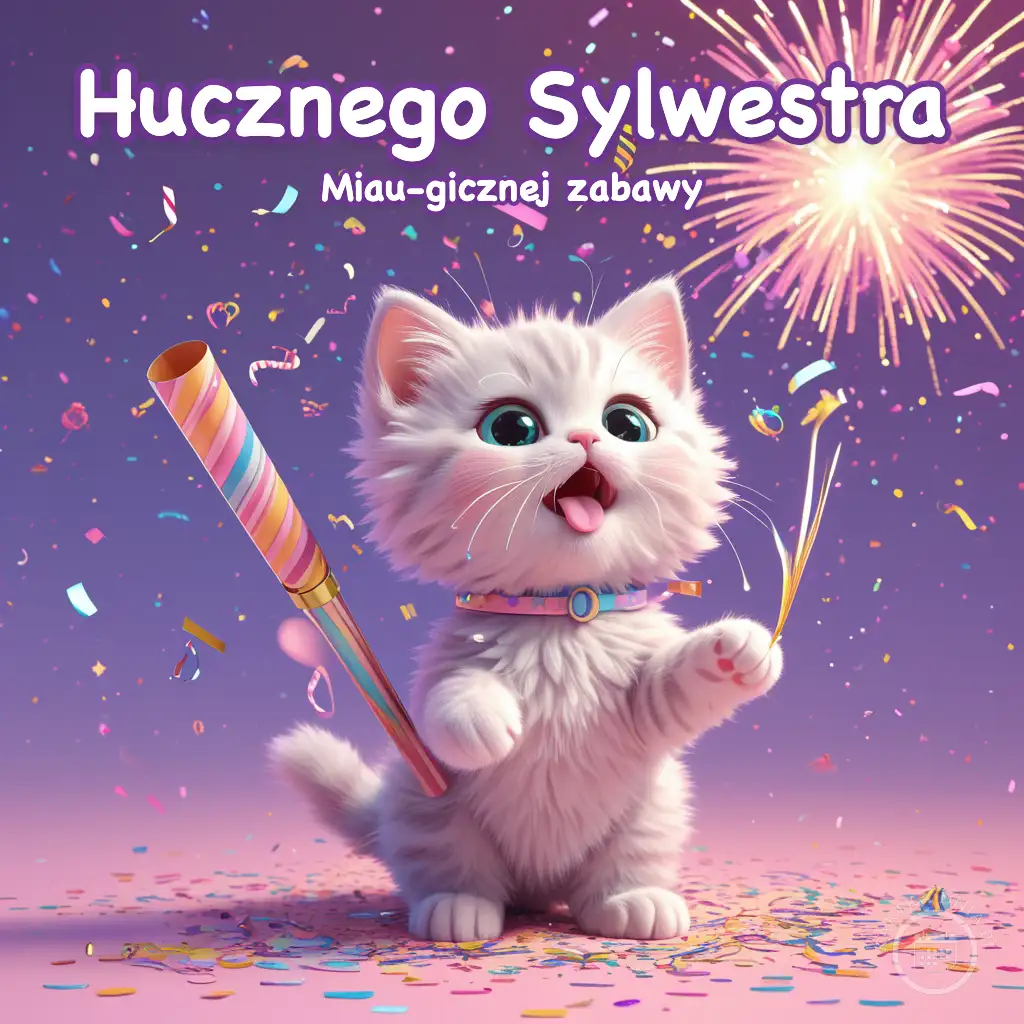 Biały, puszysty kotek z radosną miną na tle fioletowego nieba z fajerwerkami i kolorowym konfetti.