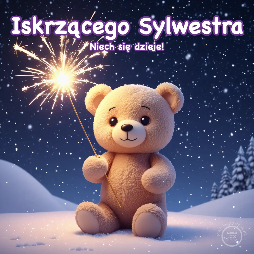 Pluszowy miś siedzący w śniegu pod nocnym niebem, trzymający świecącą zimną racę z napisem Iskrzącego Sylwestra.