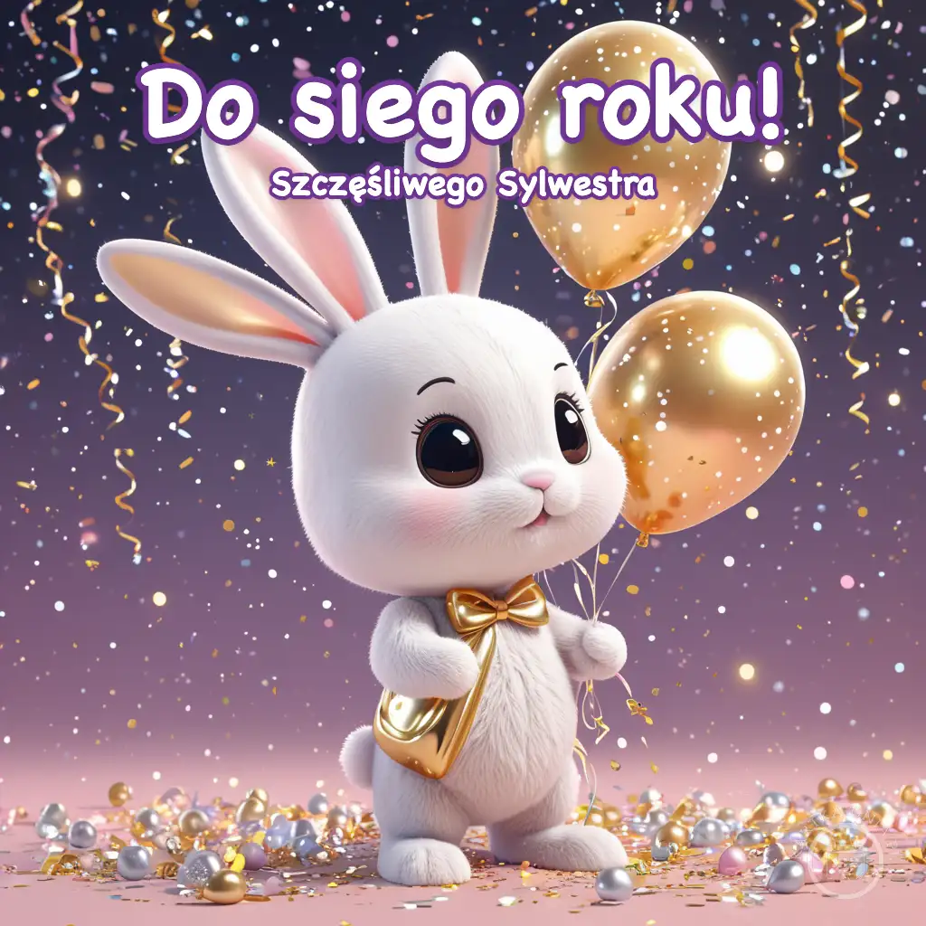 Króliczek z wiązką srebrnych i złotych balonów wśród iskrzącego konfetti oraz napis „Do siego roku”.