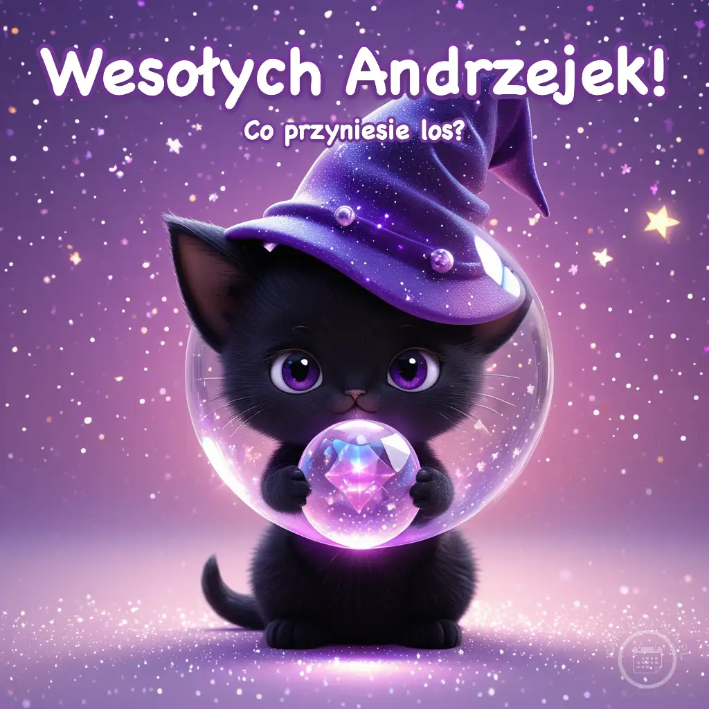Mały czarny kotek w fioletowym kapeluszu czarodzieja, trzymający świecącą kryształową kulę na fioletowym tle.