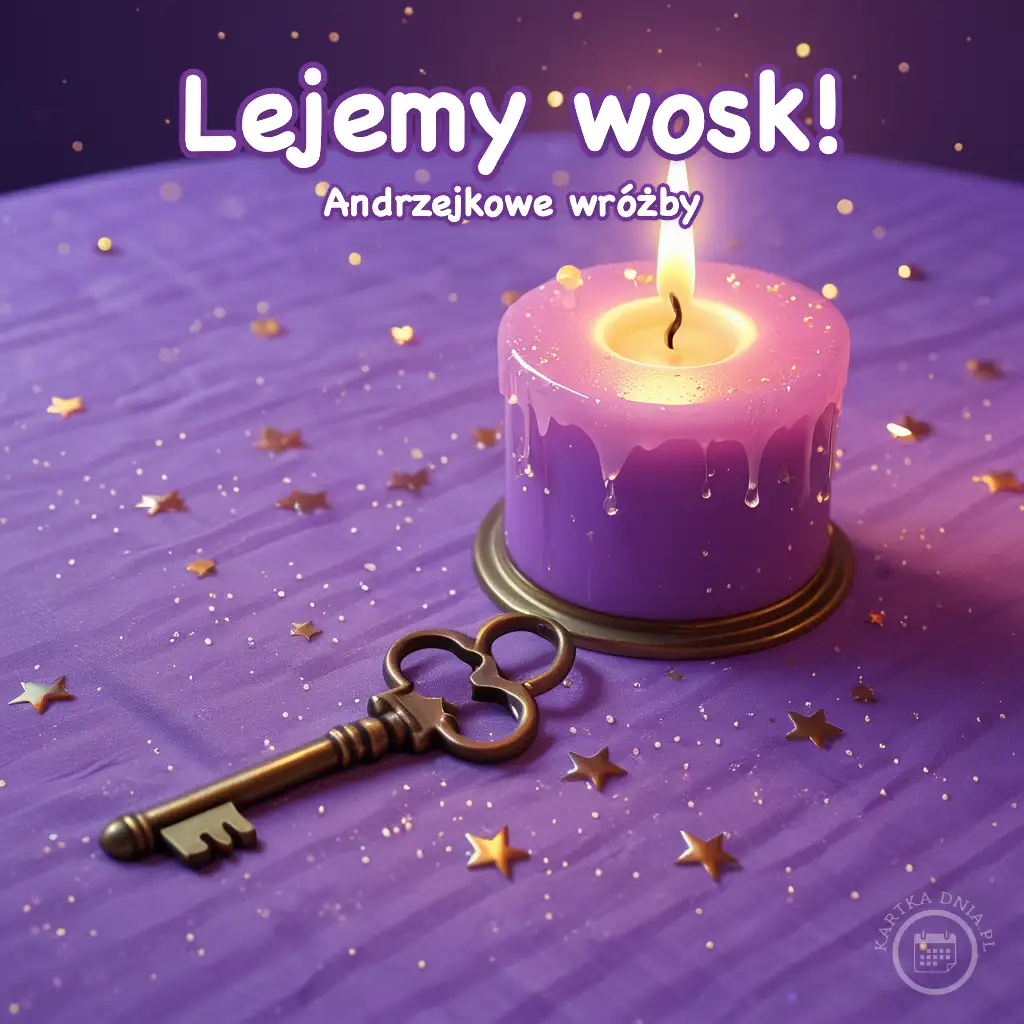 Fioletowa świeca z płomieniem i stary klucz na fioletowym materiale w otoczeniu złotych gwiazdek.
