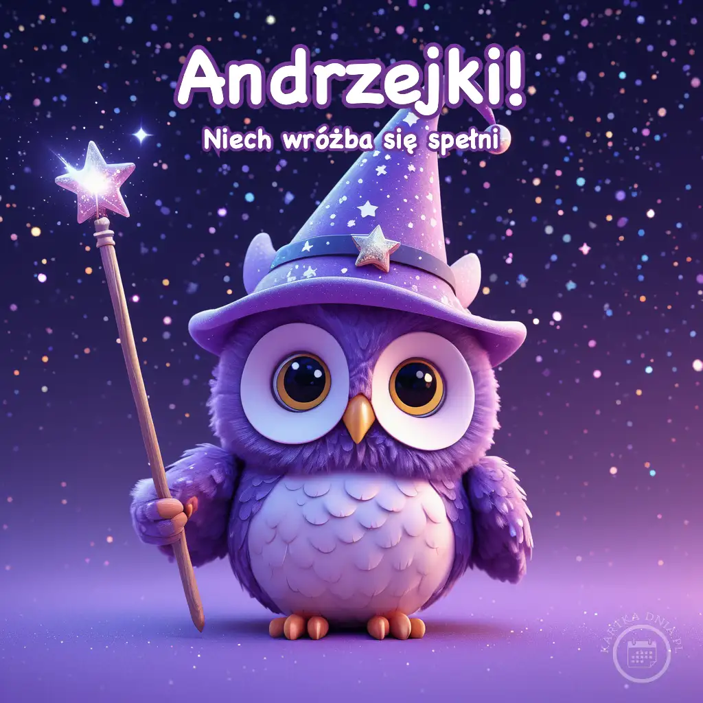 Fioletowa sowa w magicznym kapeluszu z gwiazdkami, trzymająca różdżkę na tle gwieździstego, ciemnofioletowego nieba.
