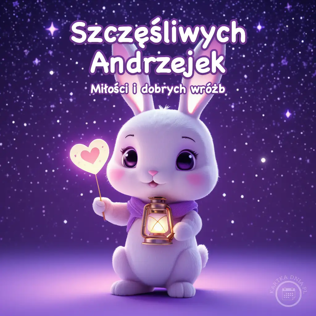 Biały, puszysty króliczek z lampionem i sercem na fioletowym, gwieździstym tle z napisem Szczęśliwych Andrzejek.