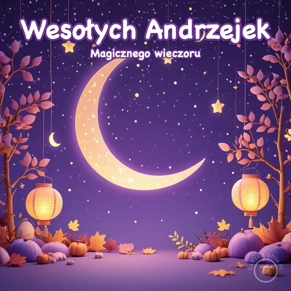Fioletowe nocne niebo z dużym żółtym półksiężycem, gwiazdami, lampionami i jesiennymi liśćmi z napisem Wesołych Andrzejek.