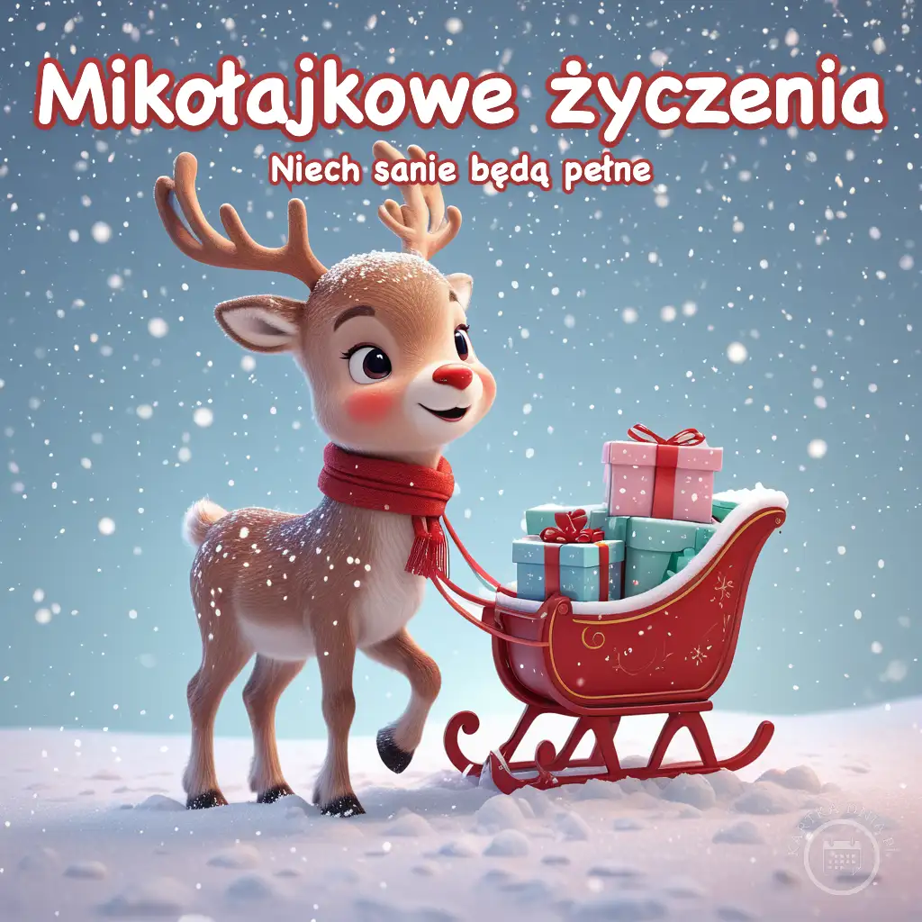 Uśmiechnięty renifer w czerwonym szaliku ciągnący czerwone sanie z kolorowymi prezentami na tle śniegu.