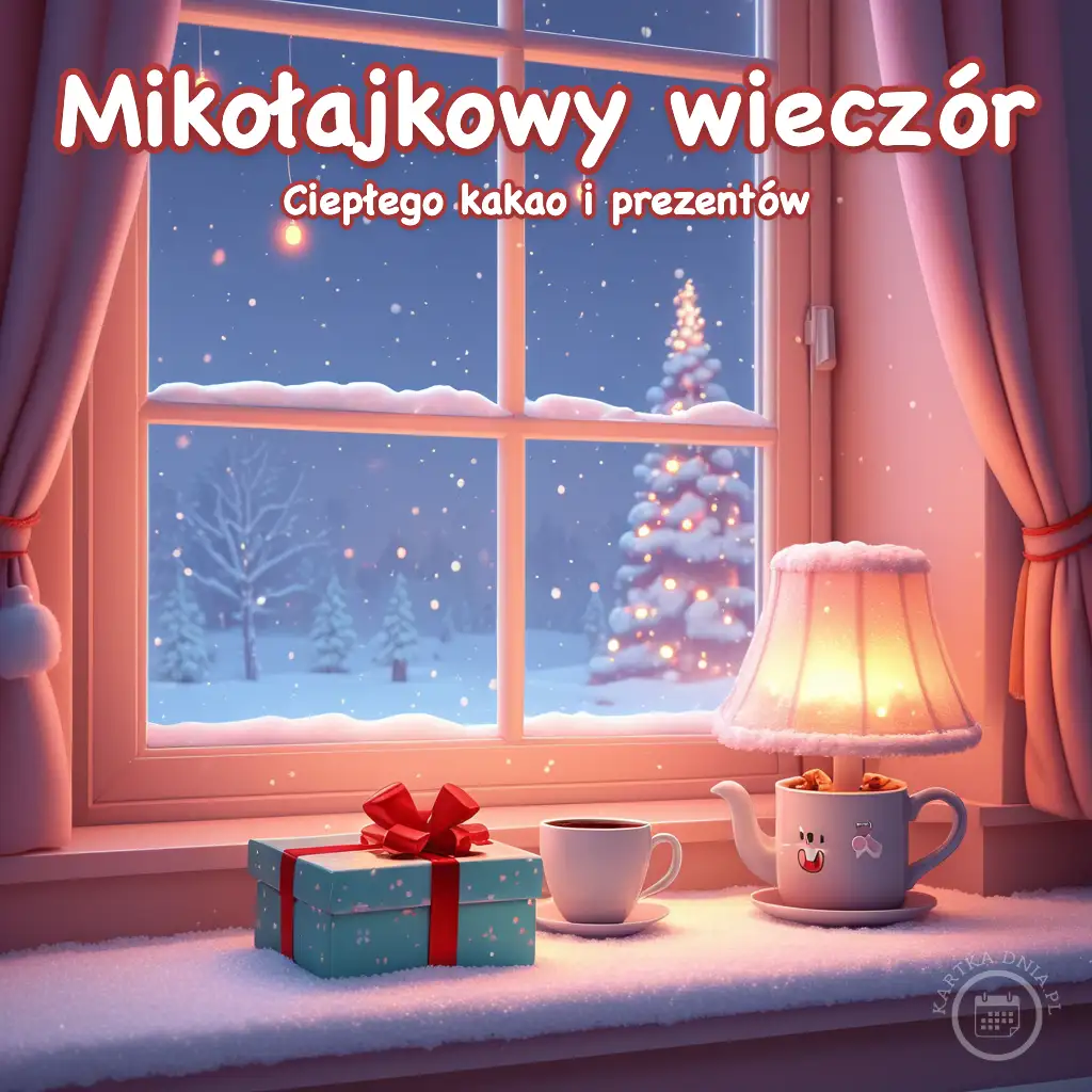 Przytulny parapet z prezentem, filiżanką kawy i lampką w kształcie kubka na tle zaśnieżonego okna i choinki.