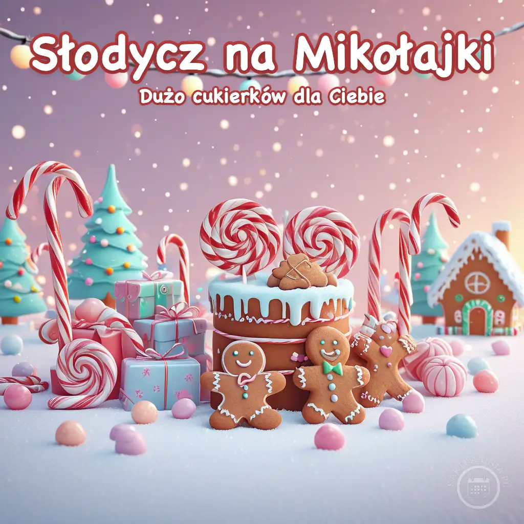 Bajkowy krajobraz z piernikowymi ludzikami, tortem, lizakami i prezentami na śniegu w pastelowych kolorach.