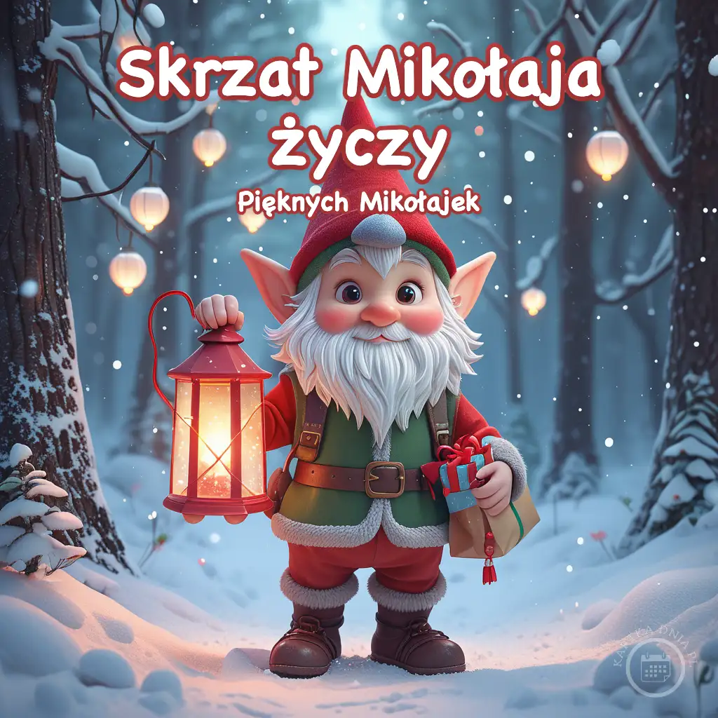 Uśmiechnięty skrzat w czerwonej czapce z lampionem i prezentem w zaśnieżonym lesie z wiszącymi lampionami.