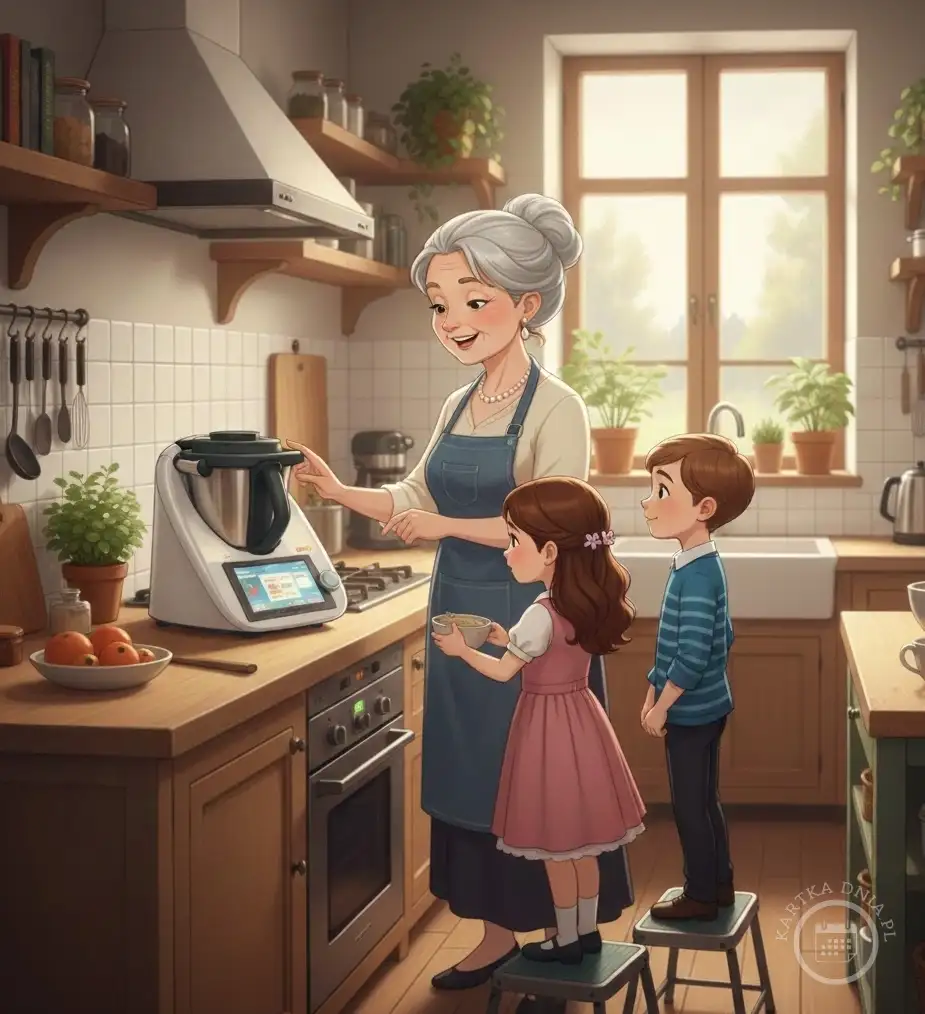 Uśmiechnięta babcia z siwymi włosami i dwójką wnucząt, dziewczynką i chłopcem, wspólnie gotują w jasnej kuchni, używając nowoczesnego robota kuchennego. Wnuki stoją na taboretach, aktywnie uczestnicząc w przygotowaniach.