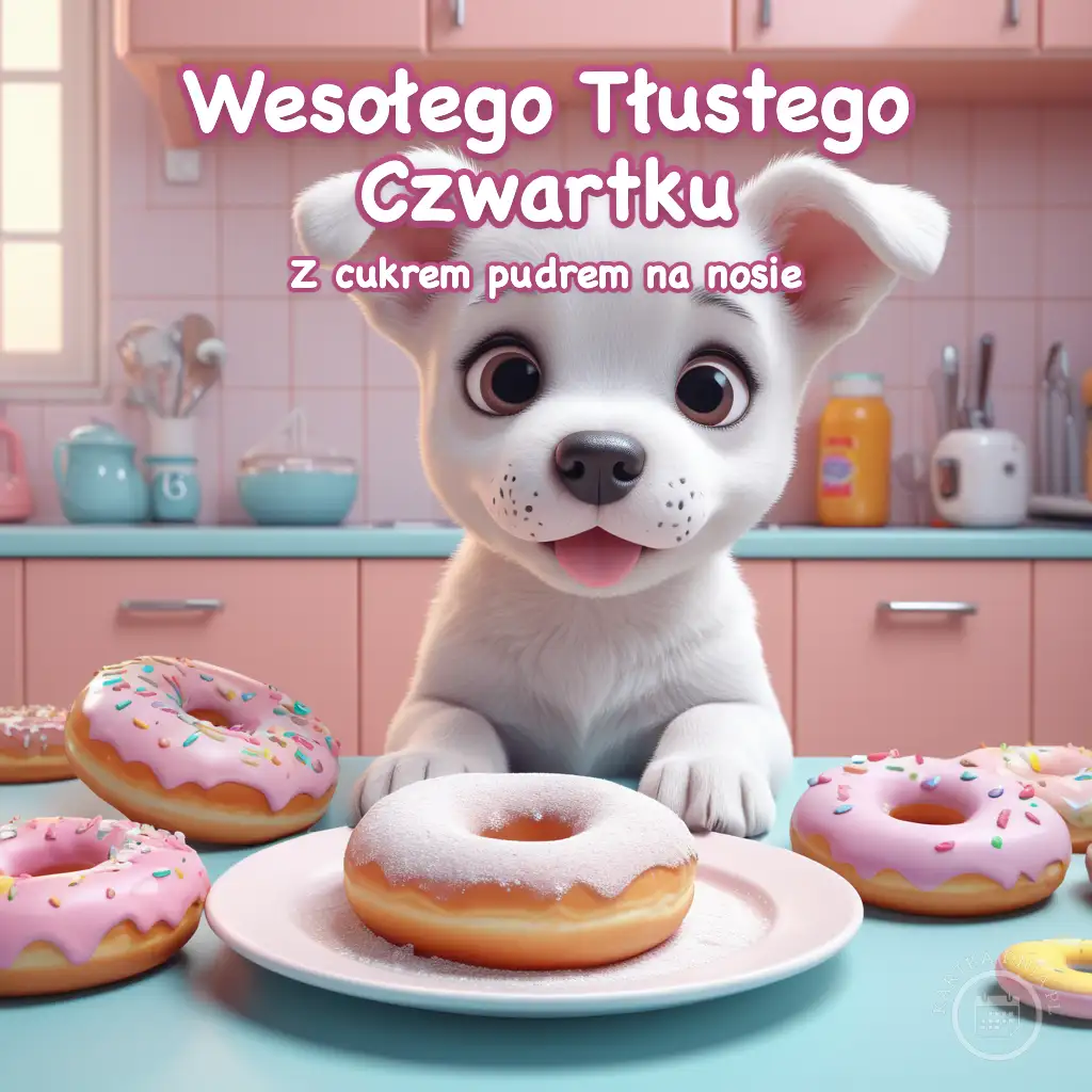 Biały szczeniak z cukrem pudrem na nosie, przed którym na talerzach leżą kolorowe pączki w kuchni.