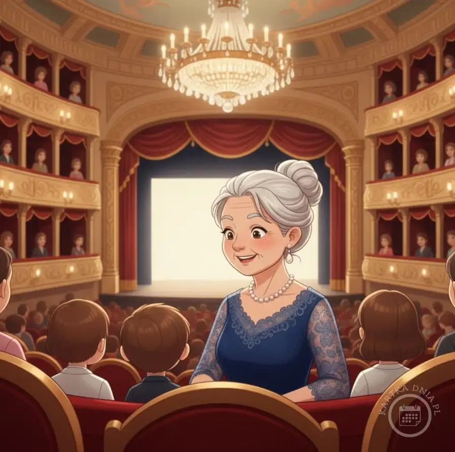 Szczęśliwa babcia w niebieskiej sukience i perłach, uśmiecha się, siedząc w eleganckim teatrze z wnukami. Luksusowe loże i żyrandol w tle.
