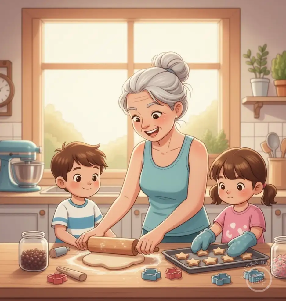 Uśmiechnięta babcia z wnukami w kuchni, wspólnie wałkująca ciasto i wycinająca ciasteczka w kształcie gwiazd. Obrazek symbolizuje rodzinne chwile.