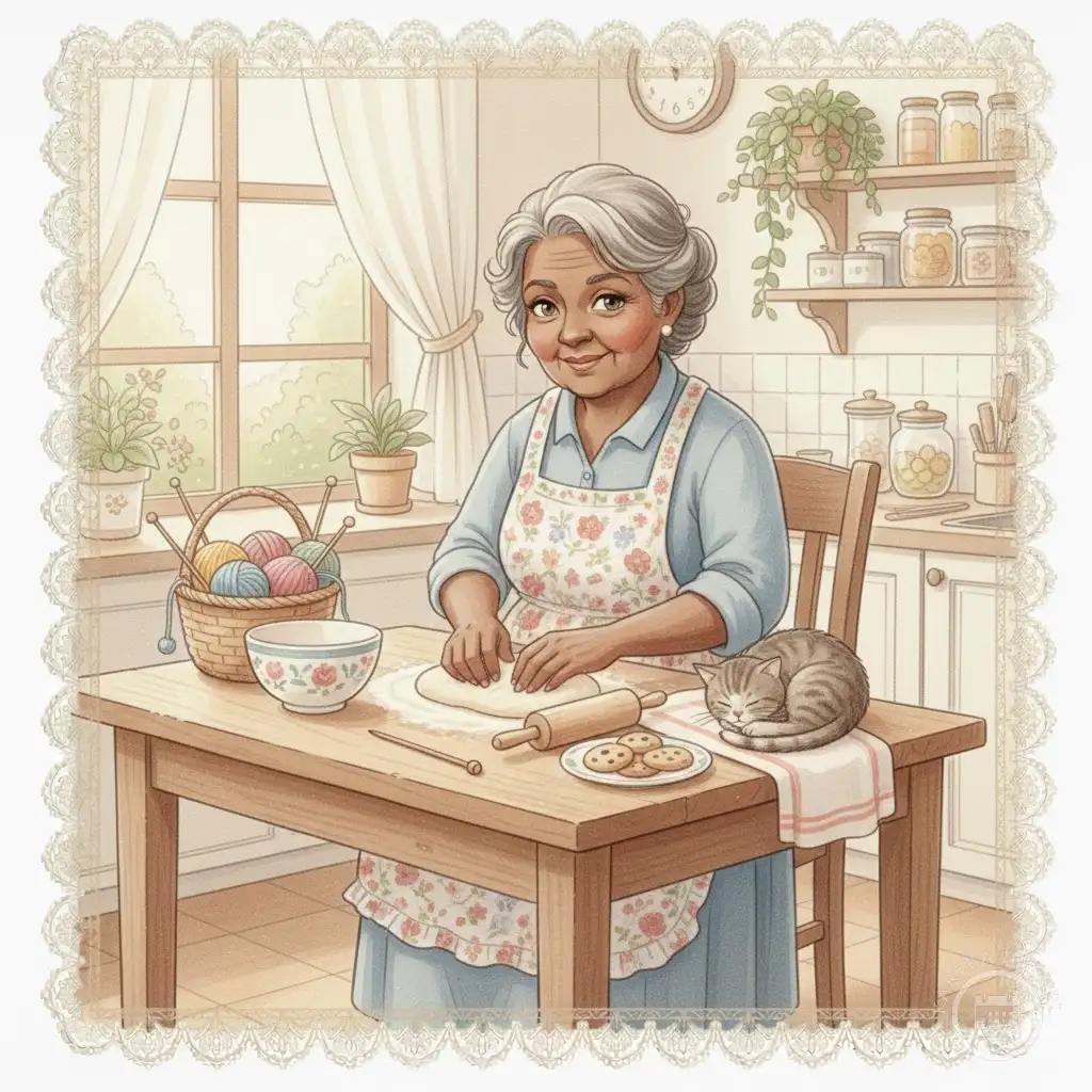 Uśmiechnięta babcia w fartuszku piecze ciastka w kuchni, obok niej spi kot. Na stole wałek, ciasto i kosz z włóczką. Idealna kartka na Dzień Babci.