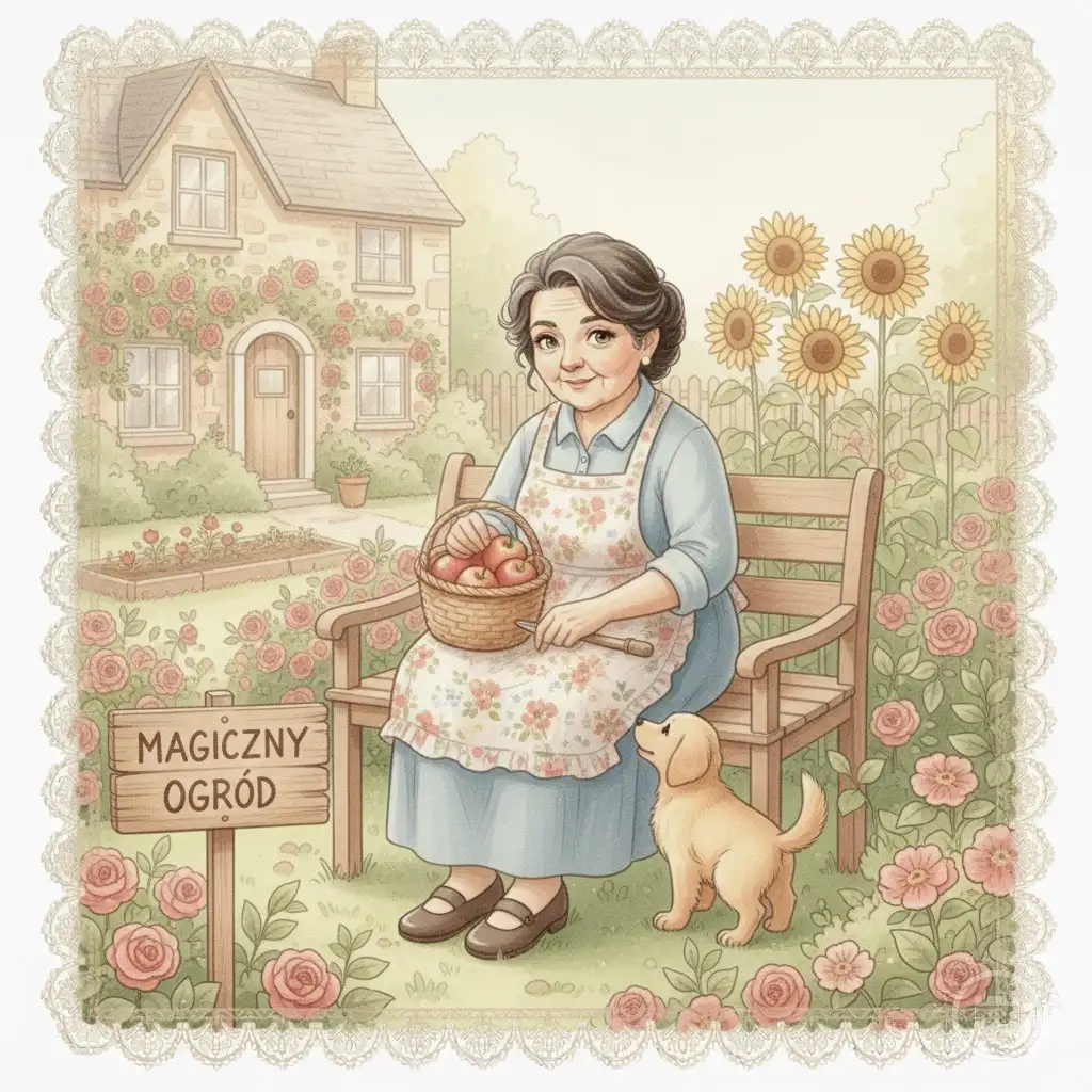 Uśmiechnięta babcia w kwiecistym fartuszku, siedząca na ławce w ogrodzie pełnym róż, z koszykiem jabłek i pieskiem. W tle domek. Idealna kartka na Dzień Babci.