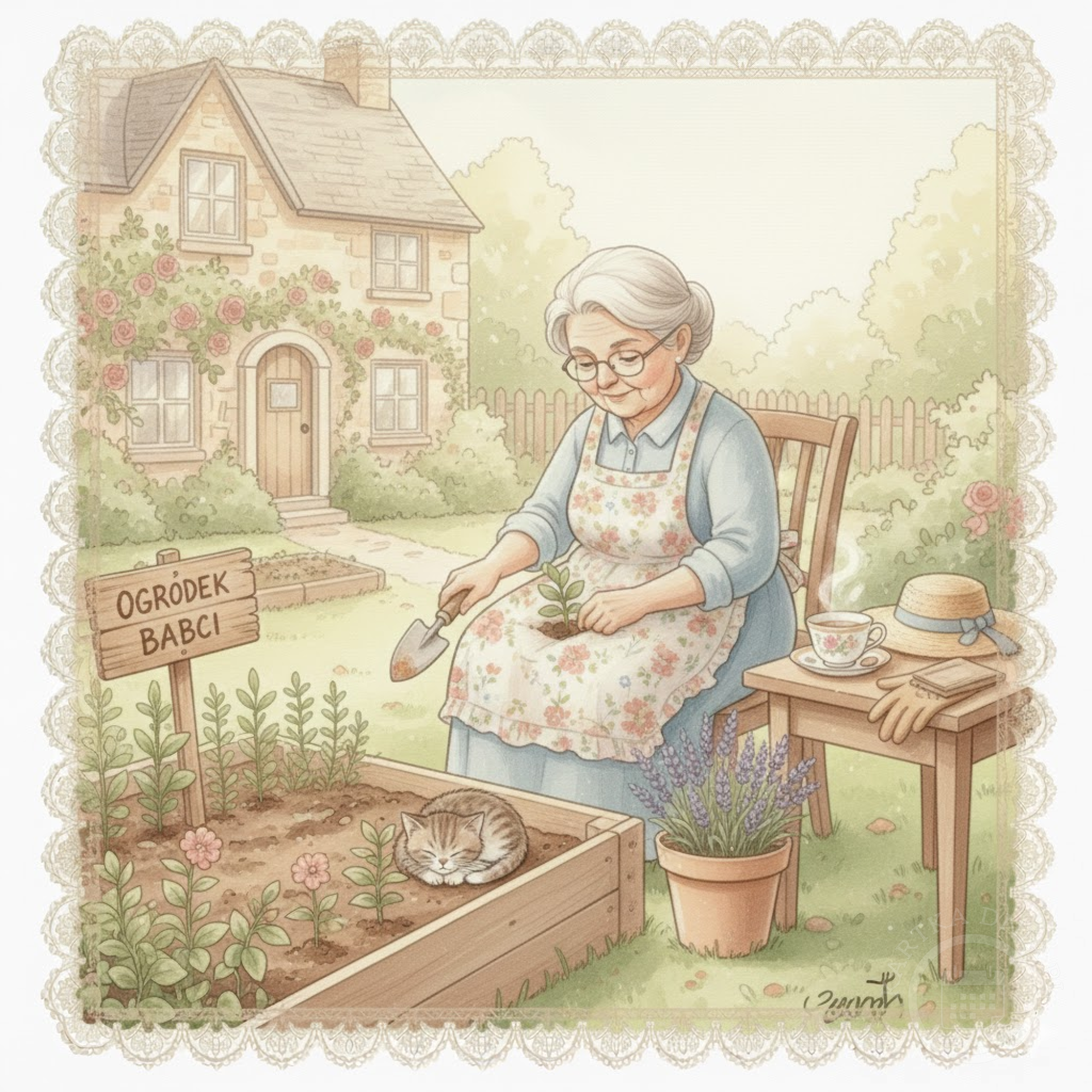 Kartka na Dzień Babci: Ilustracja uśmiechniętej babci sadzącej rośliny w swoim ogrodzie, obok śpiącego kotka i domu.