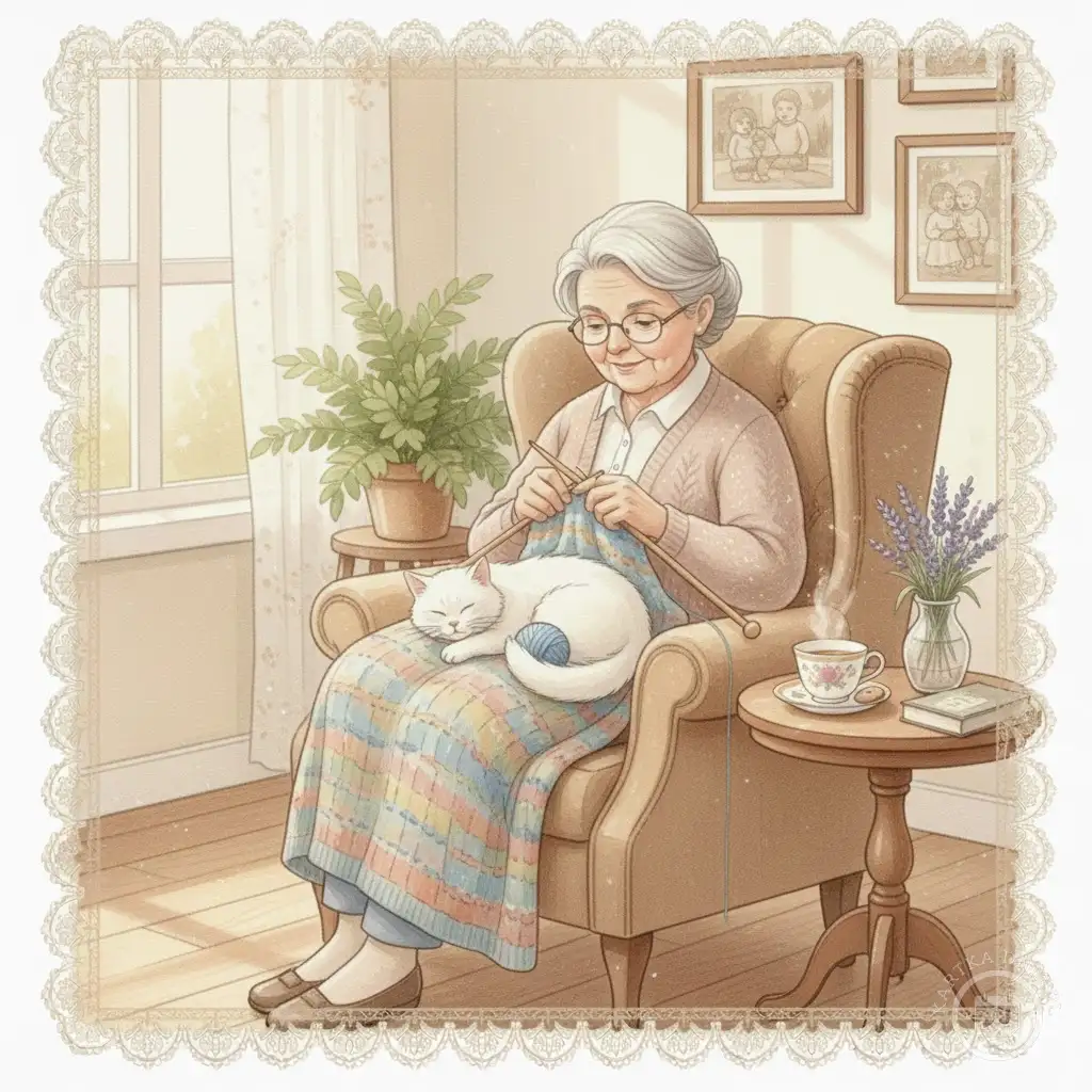 Ilustracja babci dziergającej na drutach z białym kotem na kolanach. Ciepła scena w salonie, idealna na Dzień Babci.