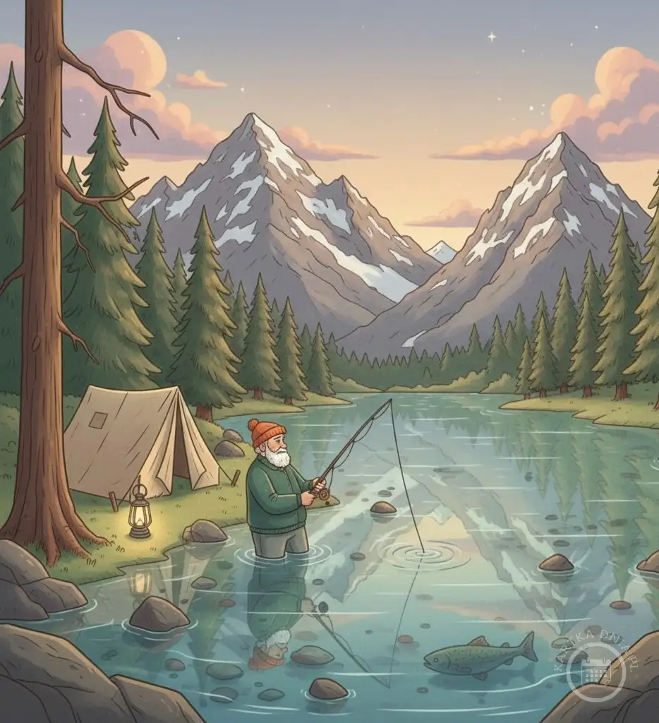 Ilustracja kreskówkowa dziadka w pomarańczowej czapce i zielonej kurtce, wędkującego w górskim jeziorze. W tle namiot, drzewa i ośnieżone szczyty. U dołu w wodzie widoczna ryba.