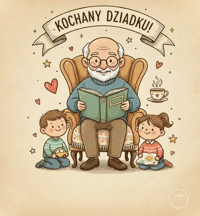 Ilustracja kartki na Dzień Dziadka: dziadek z wnukami czyta książkę w fotelu, banner z napisem 'Kochany Dziadku!'. Symbole serc i gwiazdek.