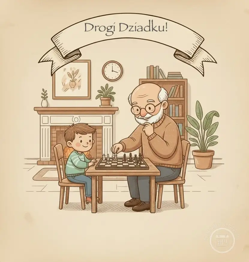 Ilustracja kartki na Dzień Dziadka z napisem 'Drogi Dziadku!'. Przedstawia uśmiechniętego dziadka w okularach i jego wnuka, grających razem w szachy przy kominku. W tle regał z książkami i rośliny. Ciepła, rodzinna atmosfera.
