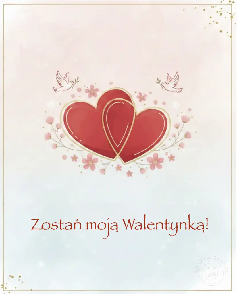 Kartka walentynkowa z dwoma czerwonymi sercami otoczonymi różowymi kwiatami i dwoma białymi gołąbkami, na różowo-niebieskim tle z tekstem Zostań moją Walentynką!
