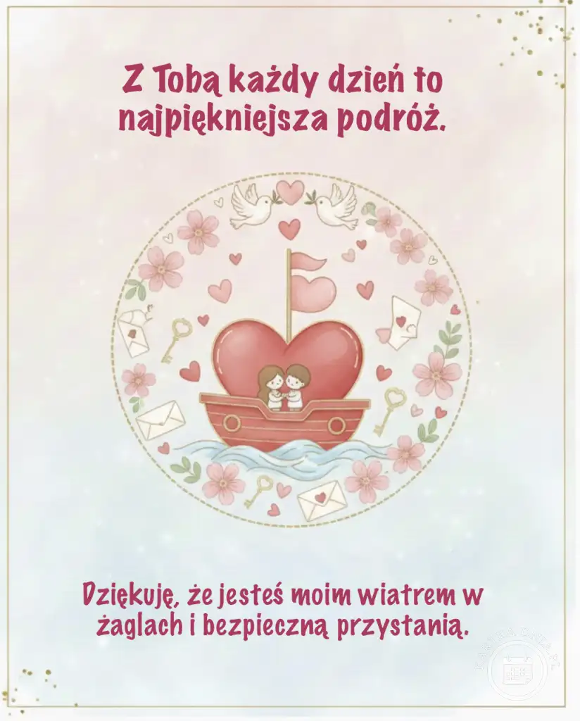 Kartka walentynkowa z sercem w kształcie łodzi i zakochaną parą. Romantyczny motyw podróży i miłości, z gołębiami, kwiatami i kluczami.