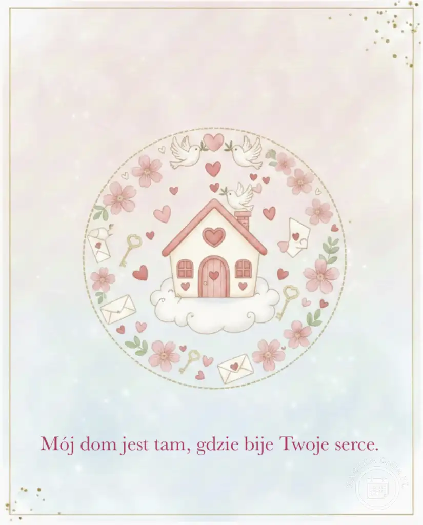Romantyczna kartka walentynkowa z ilustracją domku na chmurze otoczonego sercami, kwiatami i gołębiami. Napis: 'Mój dom jest tam, gdzie bije Twoje serce.'