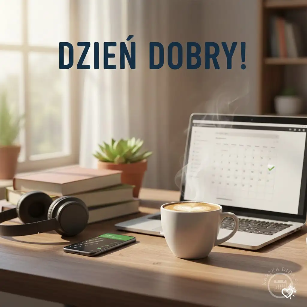 Przytulne biurko z laptopem, parującą kawą latte, słuchawkami i smartfonem. W tle okno i napis "DZIEŃ DOBRY!". Scena spokojnego poranka.