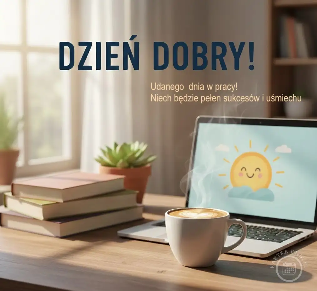 Biurko z laptopem wyświetlającym uśmiechnięte słońce, parująca kawa, stos książek i roślina. Obok tekst 'Dzień Dobry! Udanego dnia w pracy!'