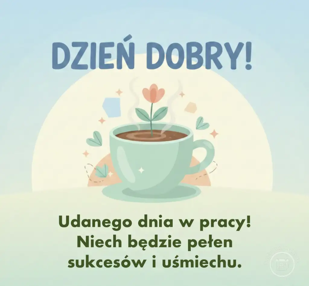 Ilustracja filiżanki kawy z zieloną rośliną i napisem 'DZIEŃ DOBRY! Udanego dnia w pracy!'. Symbol pozytywnego nastawienia.