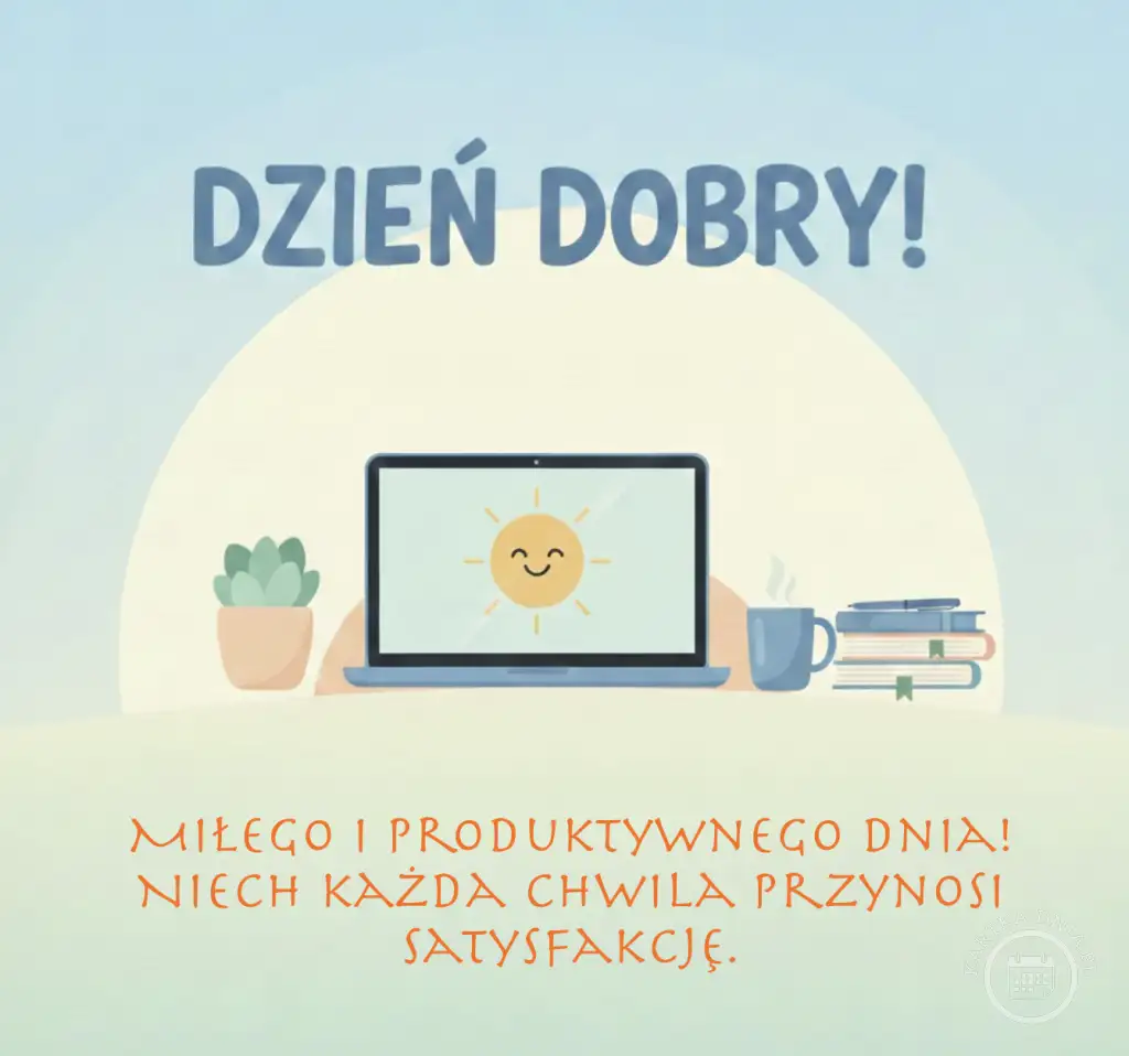 Kartka okolicznościowa z napisem Dzień Dobry i życzeniami produktywnego dnia. Na obrazku laptop z uśmiechniętym słońcem, kawa i książki.