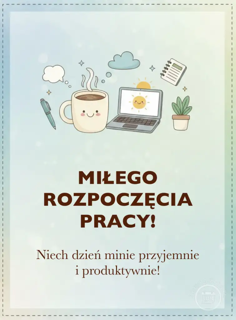 Kartka z życzeniami 'Miłego Rozpoczęcia Pracy' z rysunkami kawy, laptopa ze słońcem, pióra, rośliny i chmur na jasnoniebieskim tle.