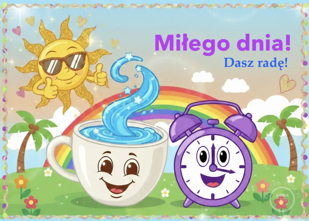 Kolorowa kartka z życzeniami 'Miłego dnia! Dasz radę!' Uśmiechnięte słońce w okularach, filiżanka kawy z parą i budzik na tle tęczy.